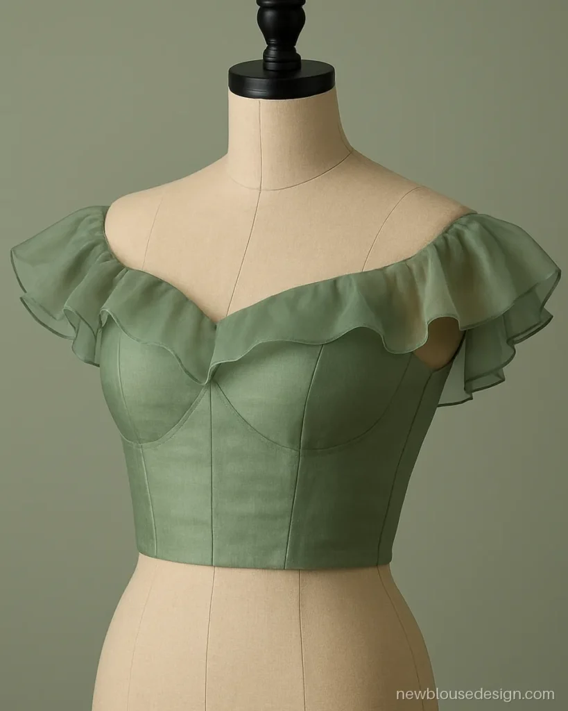Sage green organza blouse with off shoulder frill sleeves