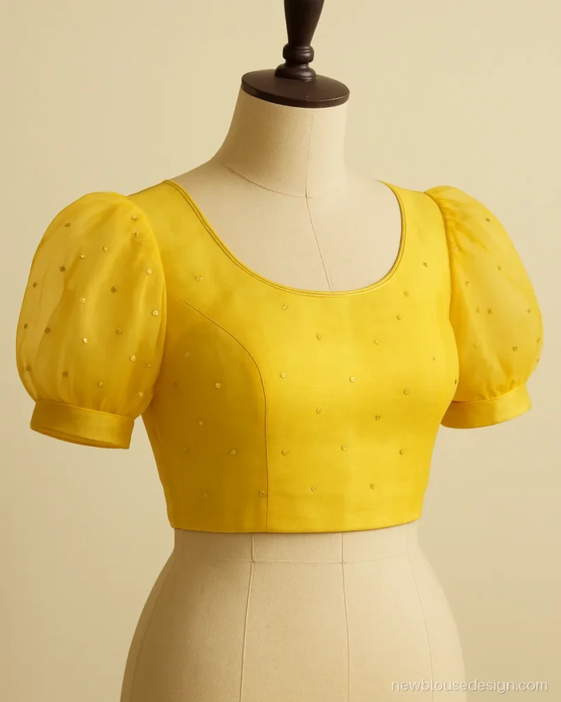 Yellow organza blouse with puff sleeves dotted with sequins