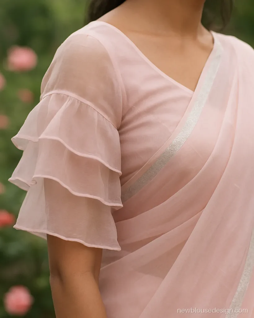 Pink organza ruffle sleeves blouse design with two tiers to the elbow