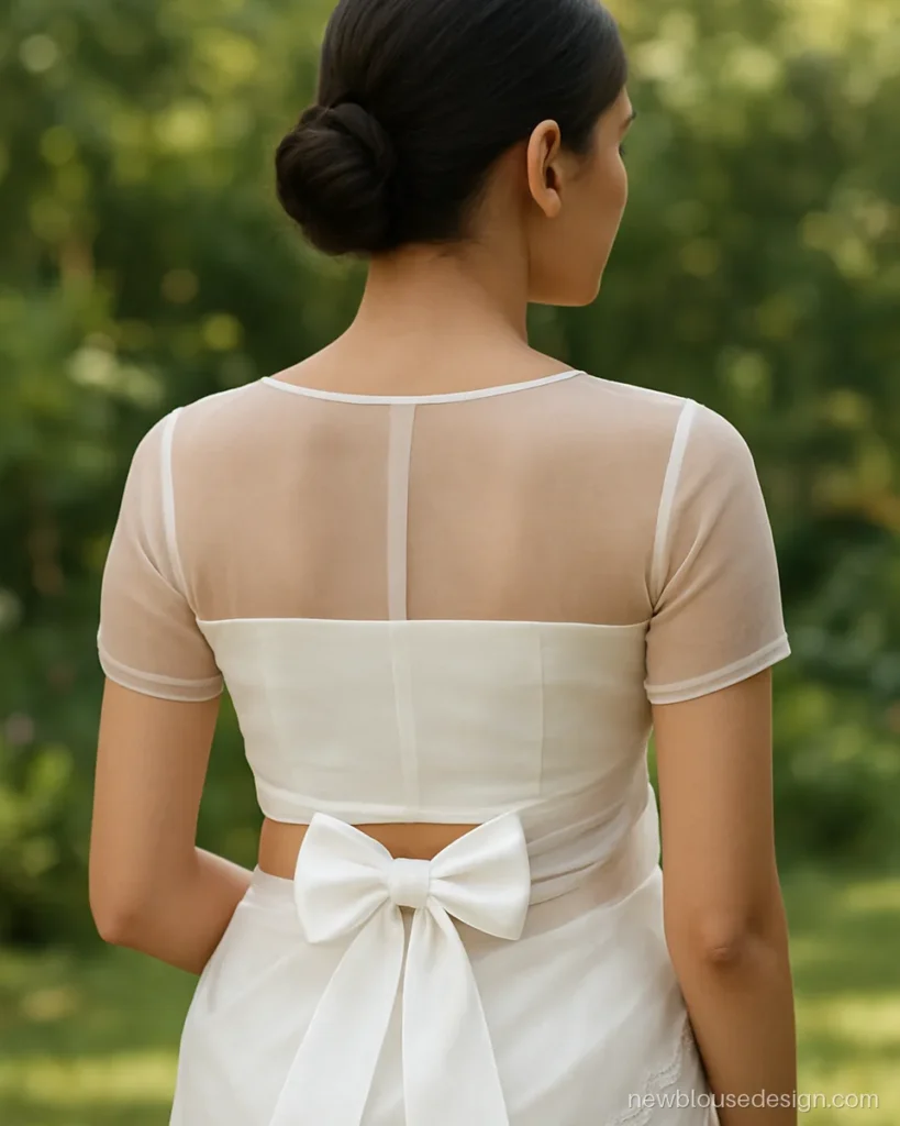 White organza blouse back with a sheer yoke and satin bow at the waist