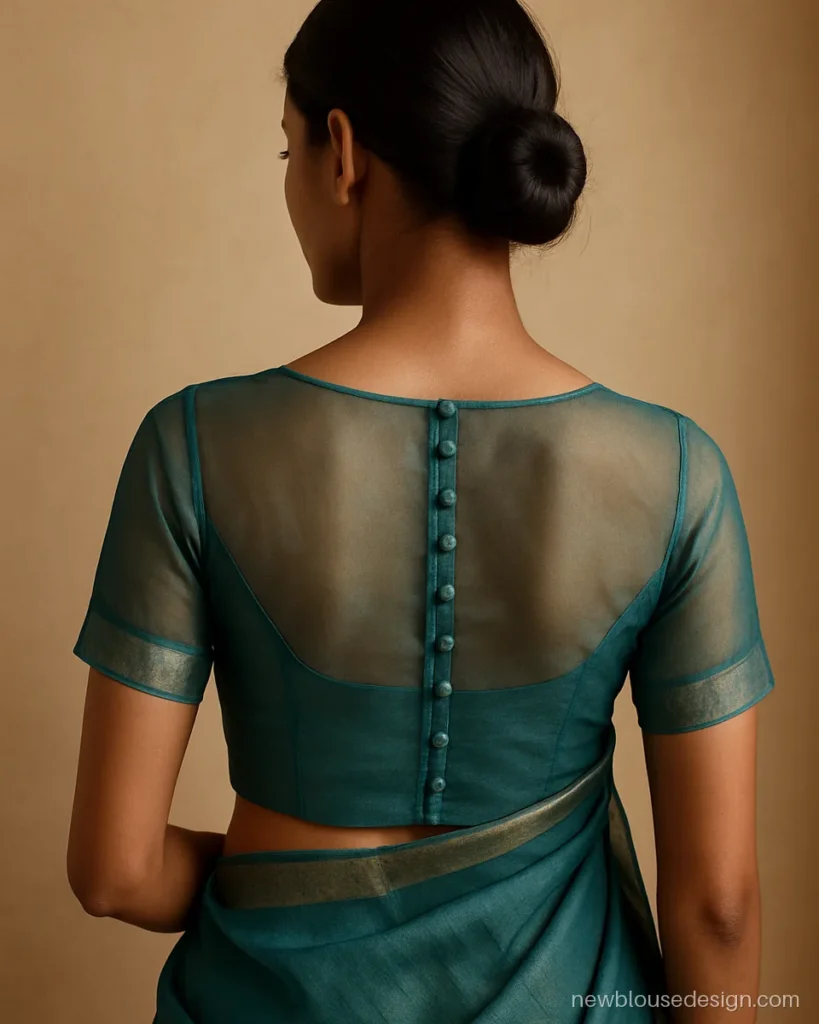 Teal organza blouse back with sheer panel and covered buttons