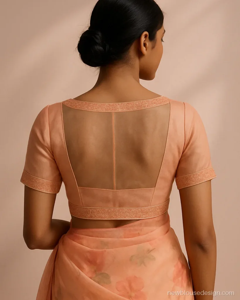 Peach organza saree blouse back design with a sheer back and embroidered frame
