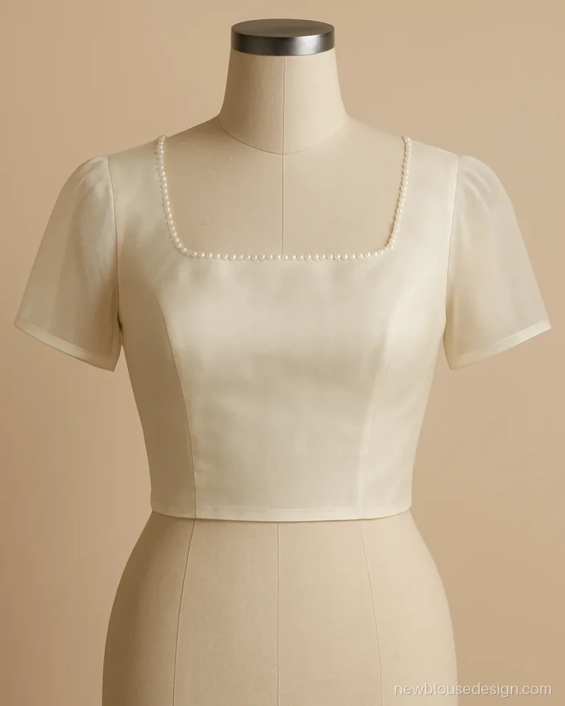 Ivory organza blouse with a square neck edged in seed pearls