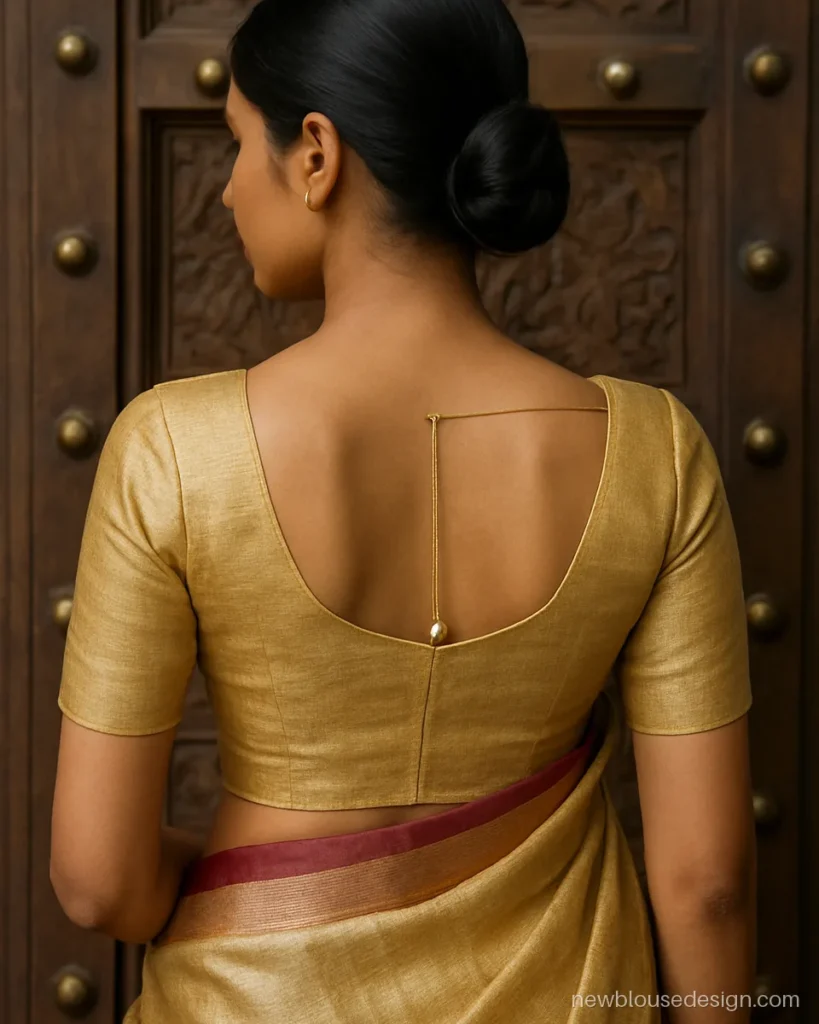 Golden tissue saree blouse back design with a U neck and pearl tassel