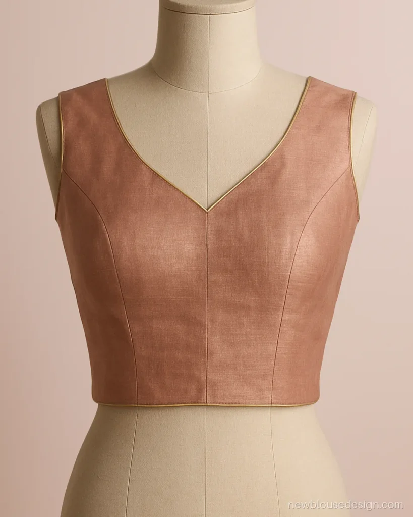 Rose gold tissue blouse, sleeveless with a V neck and piping