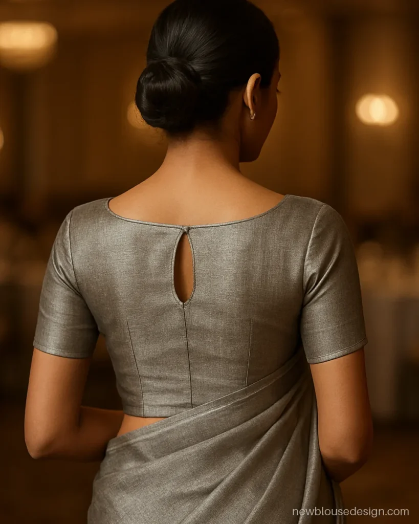 Silver tissue saree blouse back design with a boat neck and keyhole