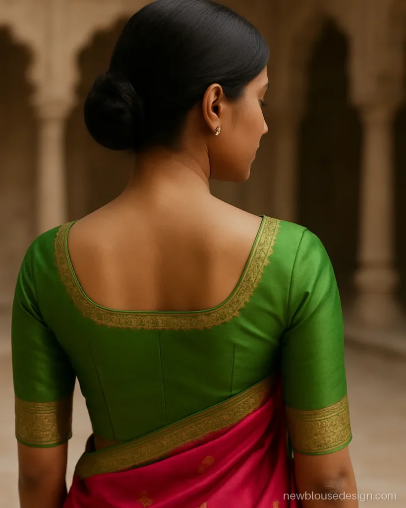 Green Paithani blouse back side with a wide boat neck edged in the saree border