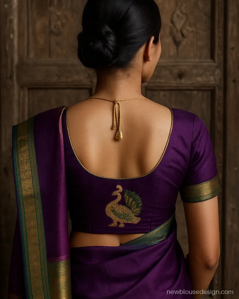 Paithani blouse back design in purple silk with a deep U and a woven peacock patch
