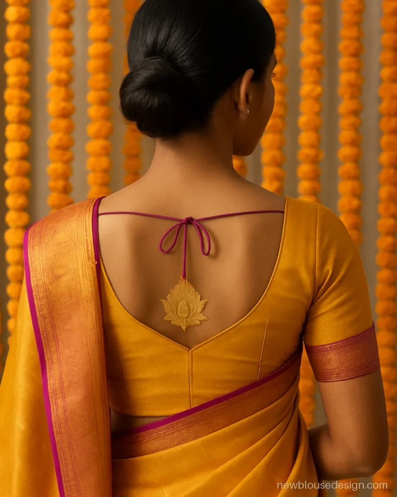 Yellow silk paithani blouse design back side with a paan neck and woven lotus inside