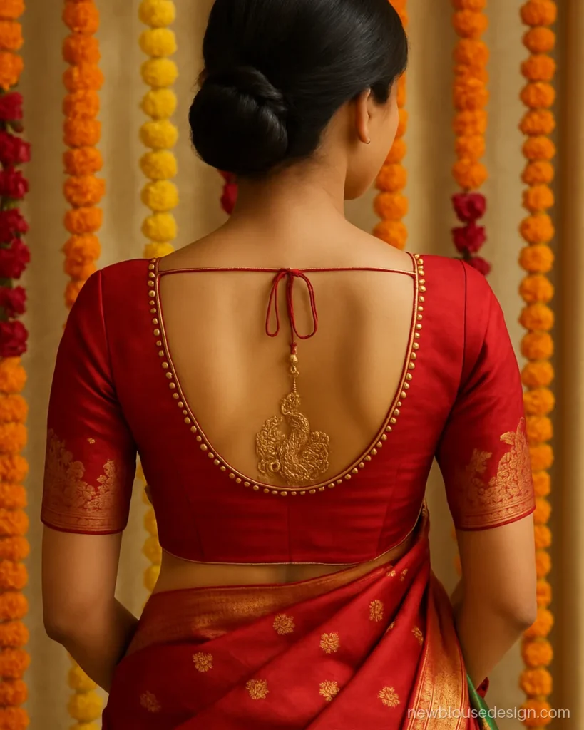 Red Paithani bridal blouse back with maggam peacock work, pearls and a pearl latkan dori