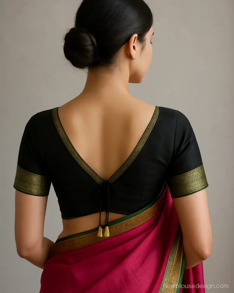 Black silk blouse with a V back edged in Paithani border, worn with a pink Paithani