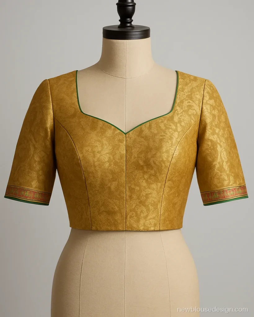 Gold brocade sweetheart neck blouse design for paithani saree in green, front view