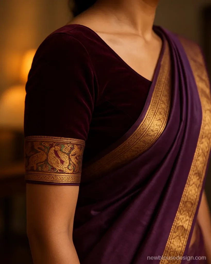 Wine velvet blouse sleeve with a Paithani border band, for a purple Paithani saree