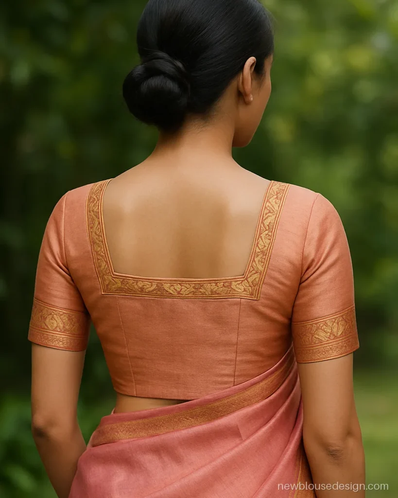 Lotus paithani blouse design with a square back neck framed by an asawali vine border