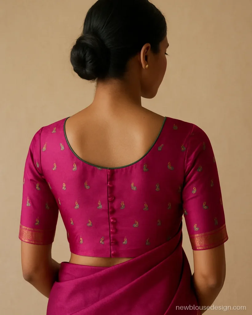 Muniya paithani blouse back design in magenta with small woven birds all over