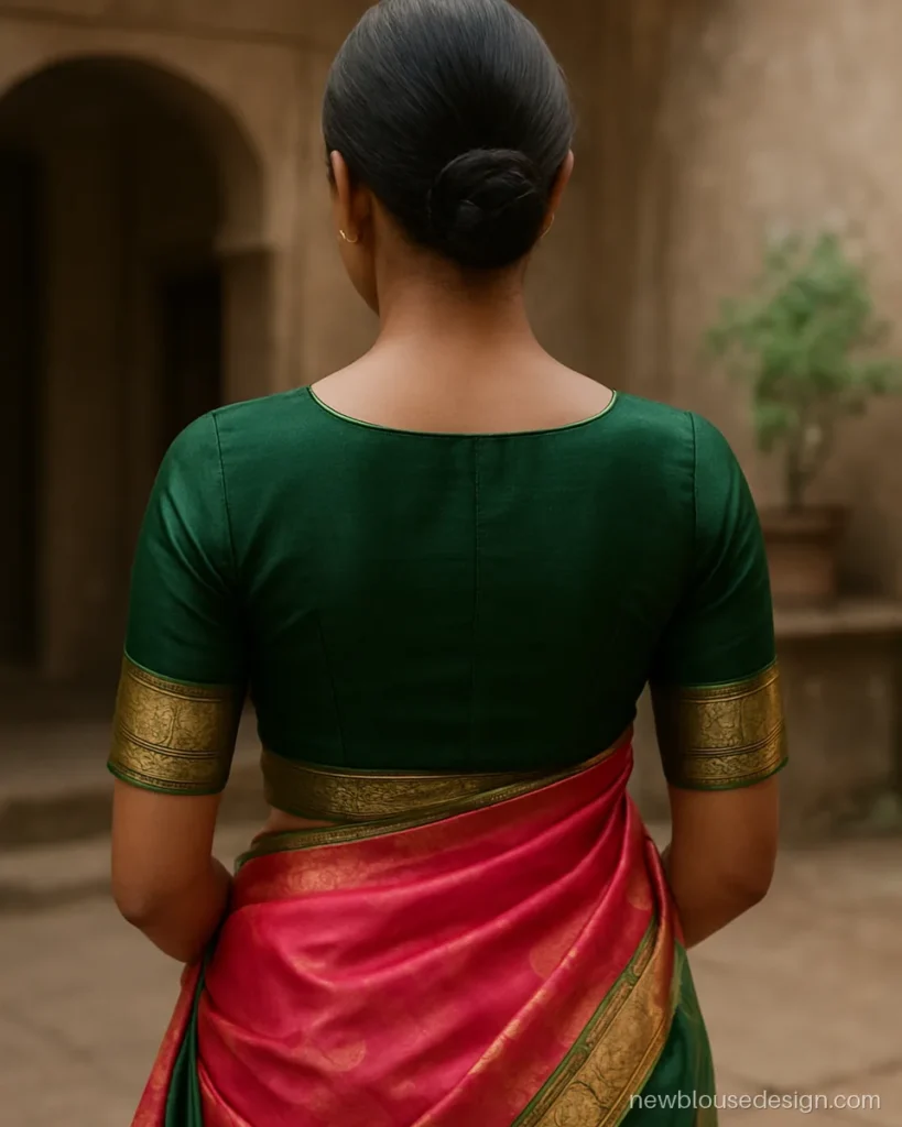 Green blouse design for paithani nauvari drape with elbow sleeves and border bands