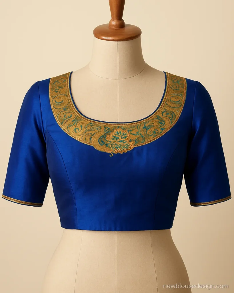 Royal blue Paithani blouse front with a woven peacock border placed as a neck yoke