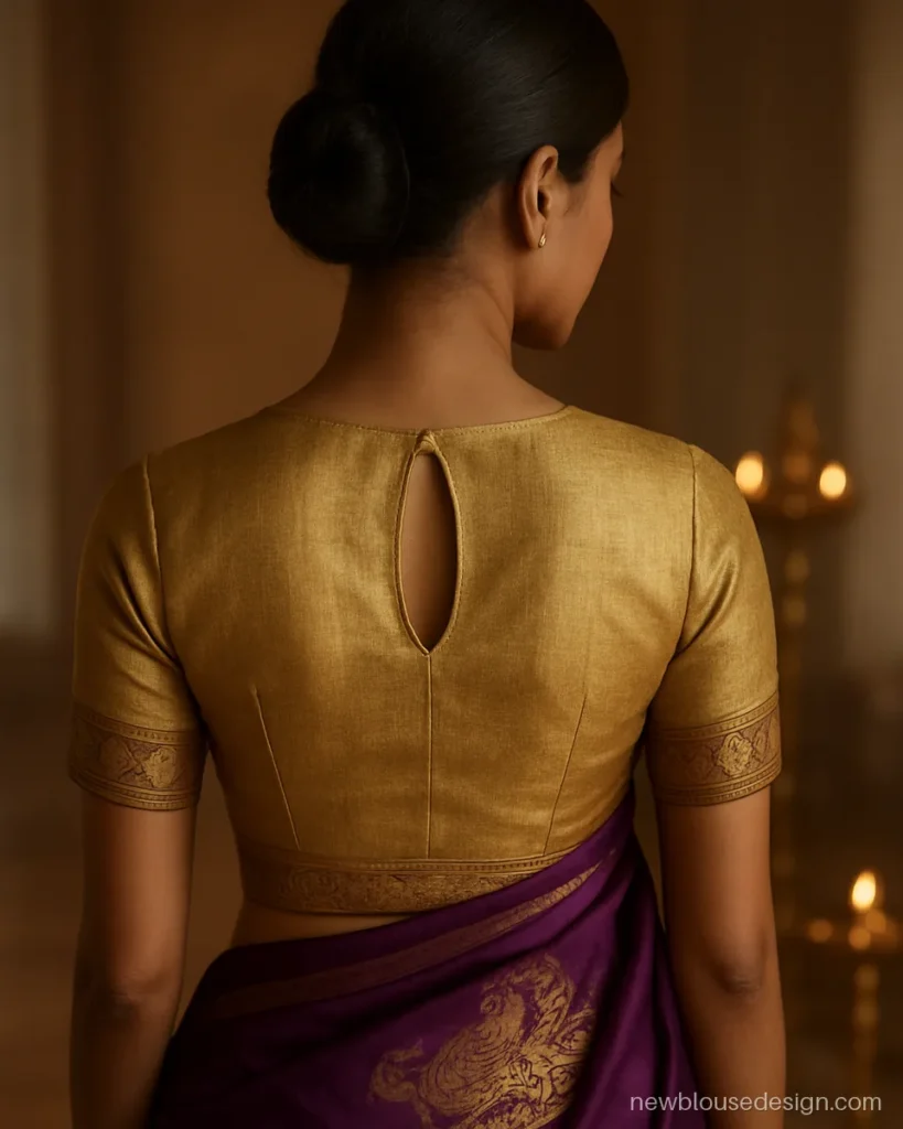Gold tissue blouse with keyhole back and peacock border for a Paithani reception look