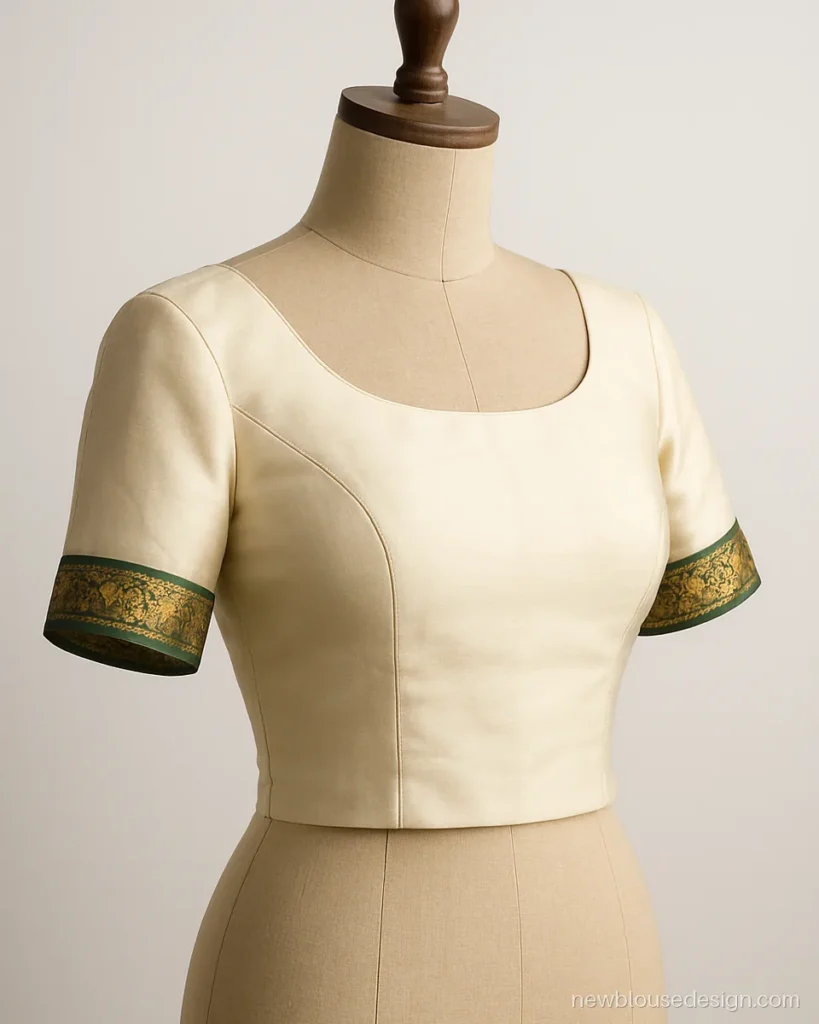 Cream silk Paithani blouse with a plain boat neck and short sleeves with border