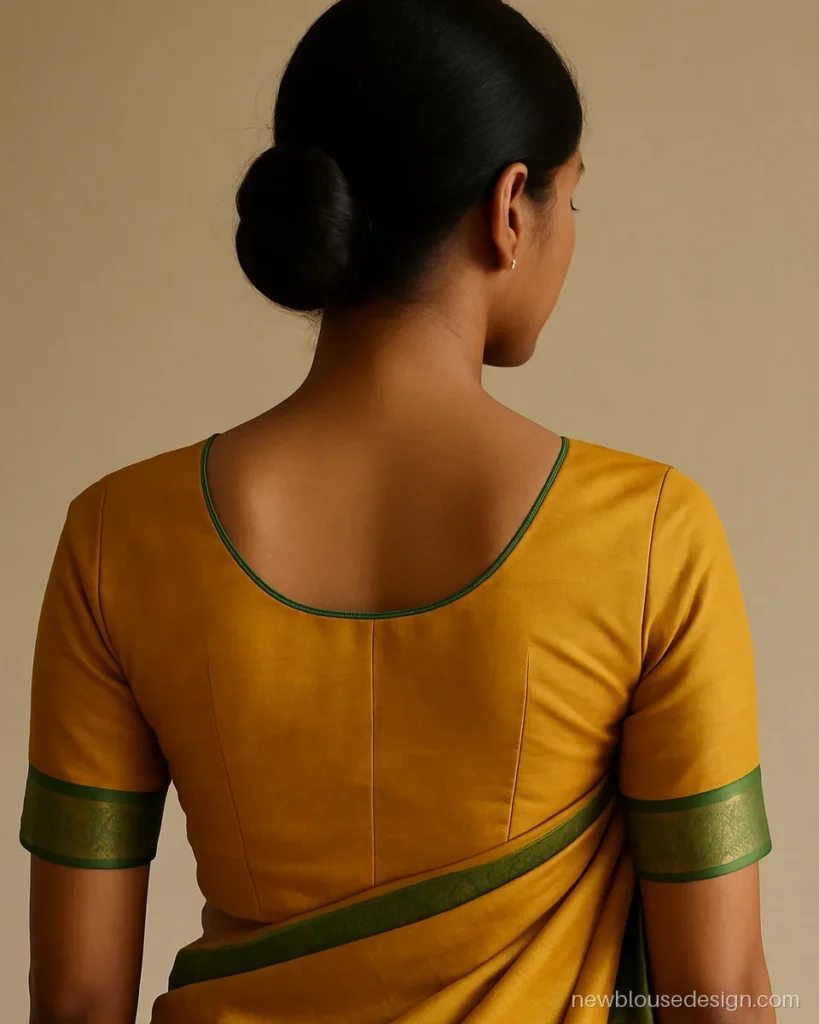 Simple paithani blouse back design in mustard silk with a round neck and green piping
