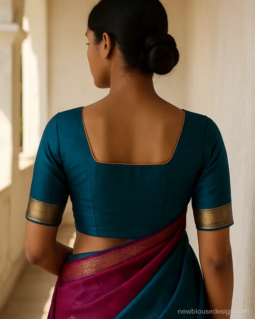 Peacock blue Paithani blouse back with a simple square neck and narrow border edge