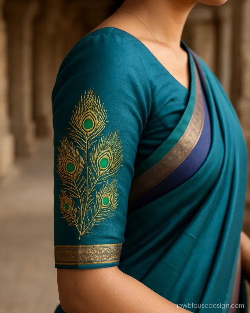 Paithani blouse hand work design with teal three quarter sleeves and aari peacock feathers