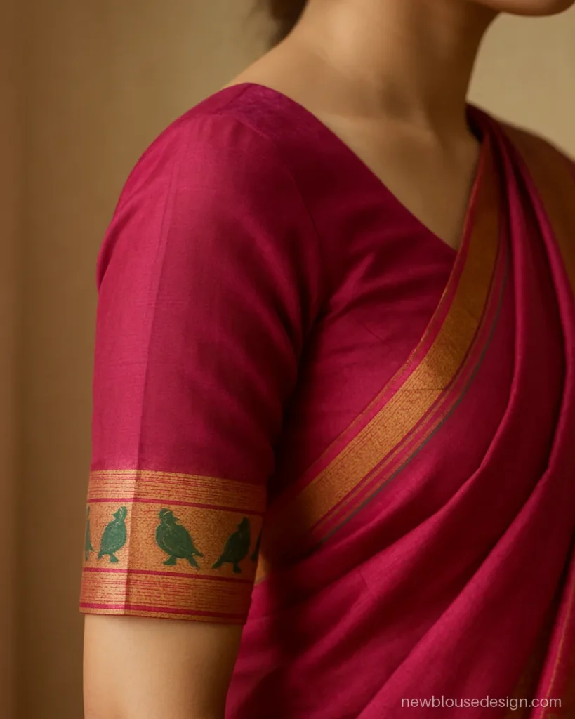 Paithani blouse hand design with pink elbow sleeves and a muniya bird border band