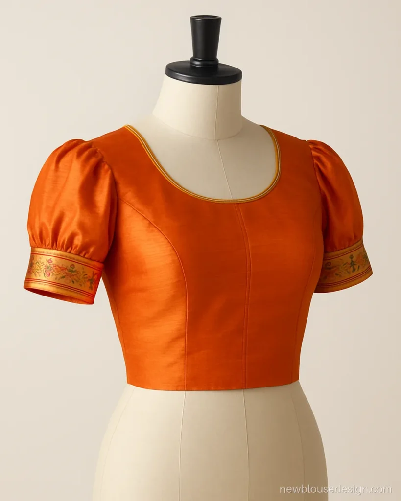 Orange silk blouse with puff sleeve paithani border band closing the gathers