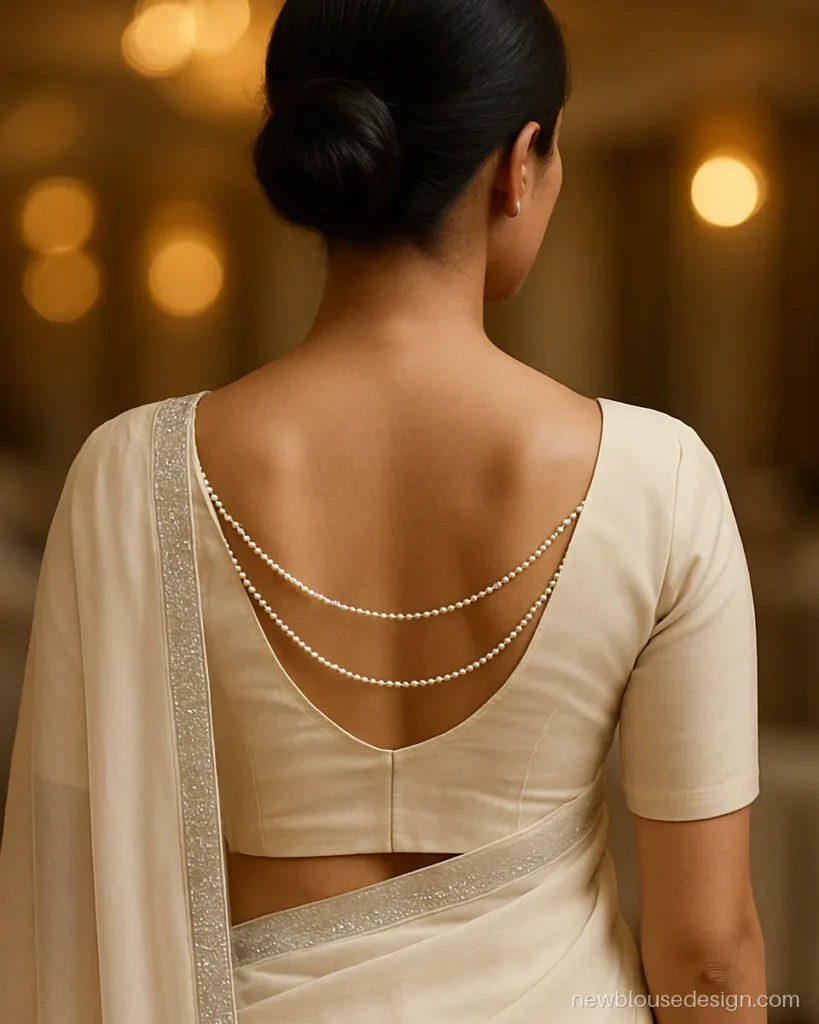 Ivory georgette party blouse with deep U back and three draped pearl strings