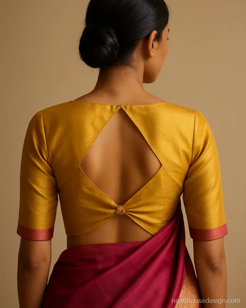 Mustard silk party wear blouse with inverted triangle back and a centre fabric knot