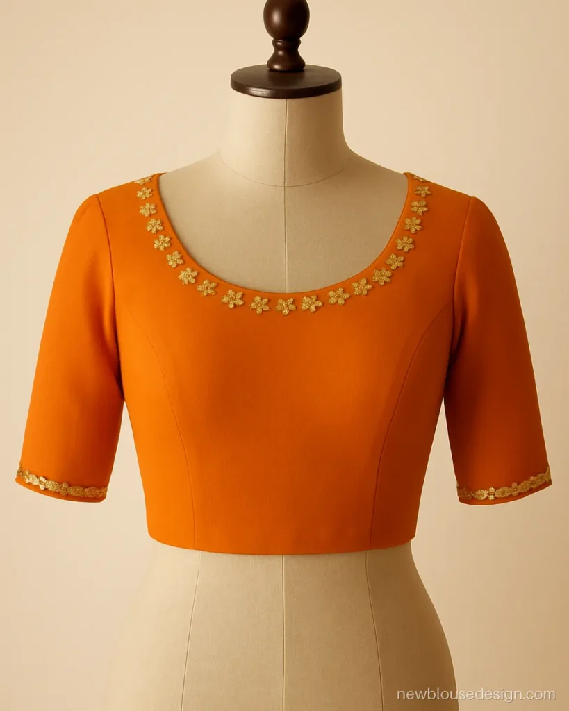 Marigold orange georgette blouse front with gota patti flowers around the round neck