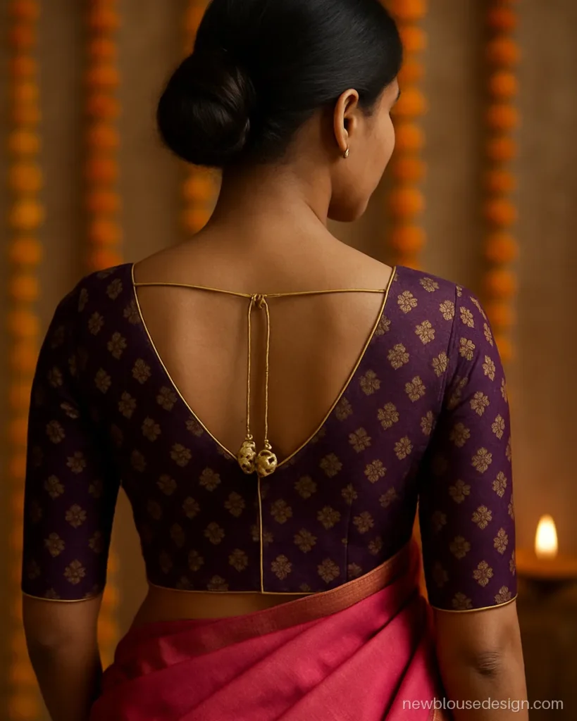 Purple brocade blouse with V back, gold dori and ghungroo latkans