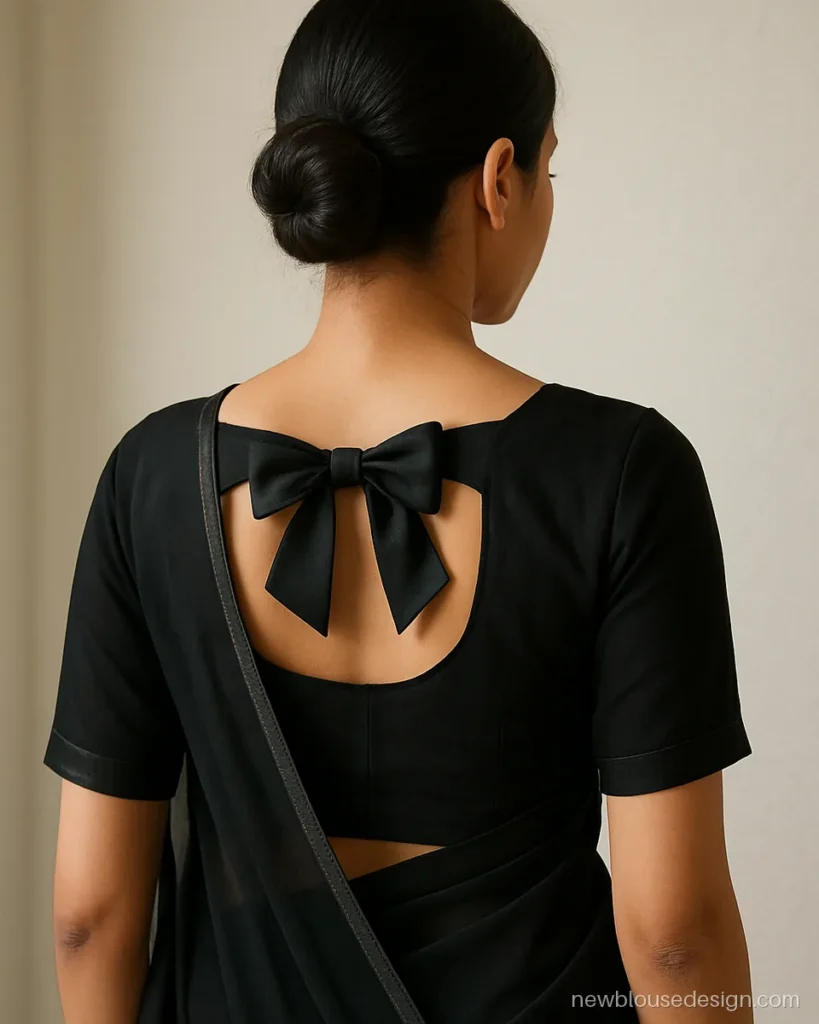 Black chiffon farewell blouse with round back and a large satin bow