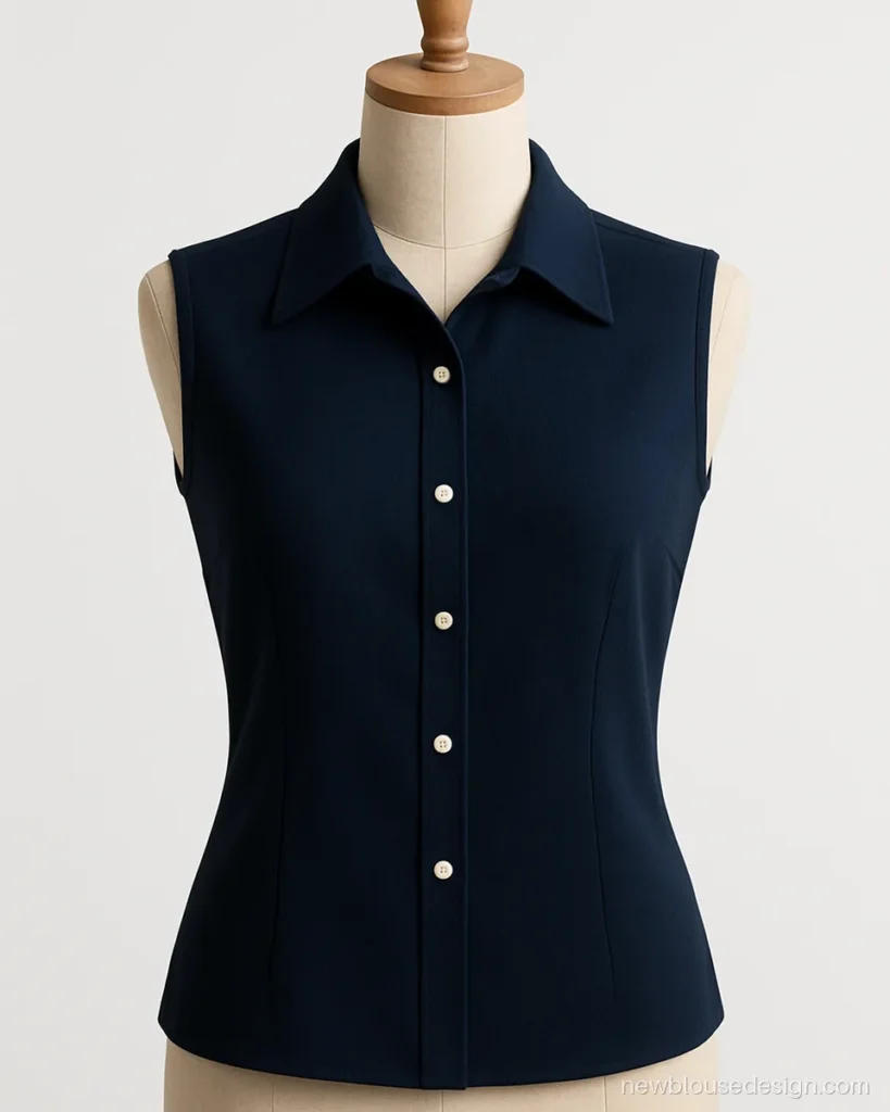 Navy crepe sleeveless blouse with small shirt collar and front buttons