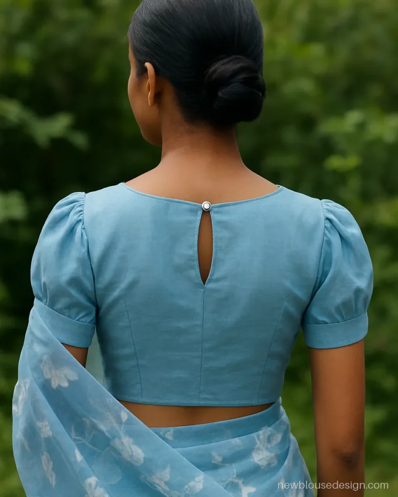 Sky blue organza blouse with puff sleeves and a small keyhole back