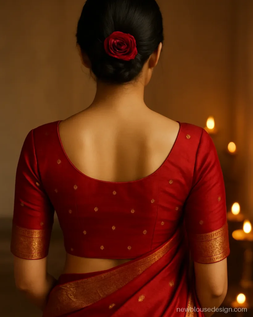 Red silk karwa chauth blouse design with wide boat back and scattered zari butti
