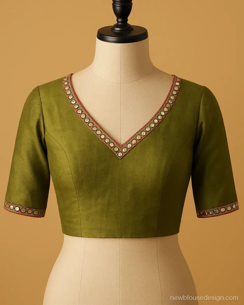 Mehndi green cotton silk blouse front with mirror work V neck and elbow sleeves