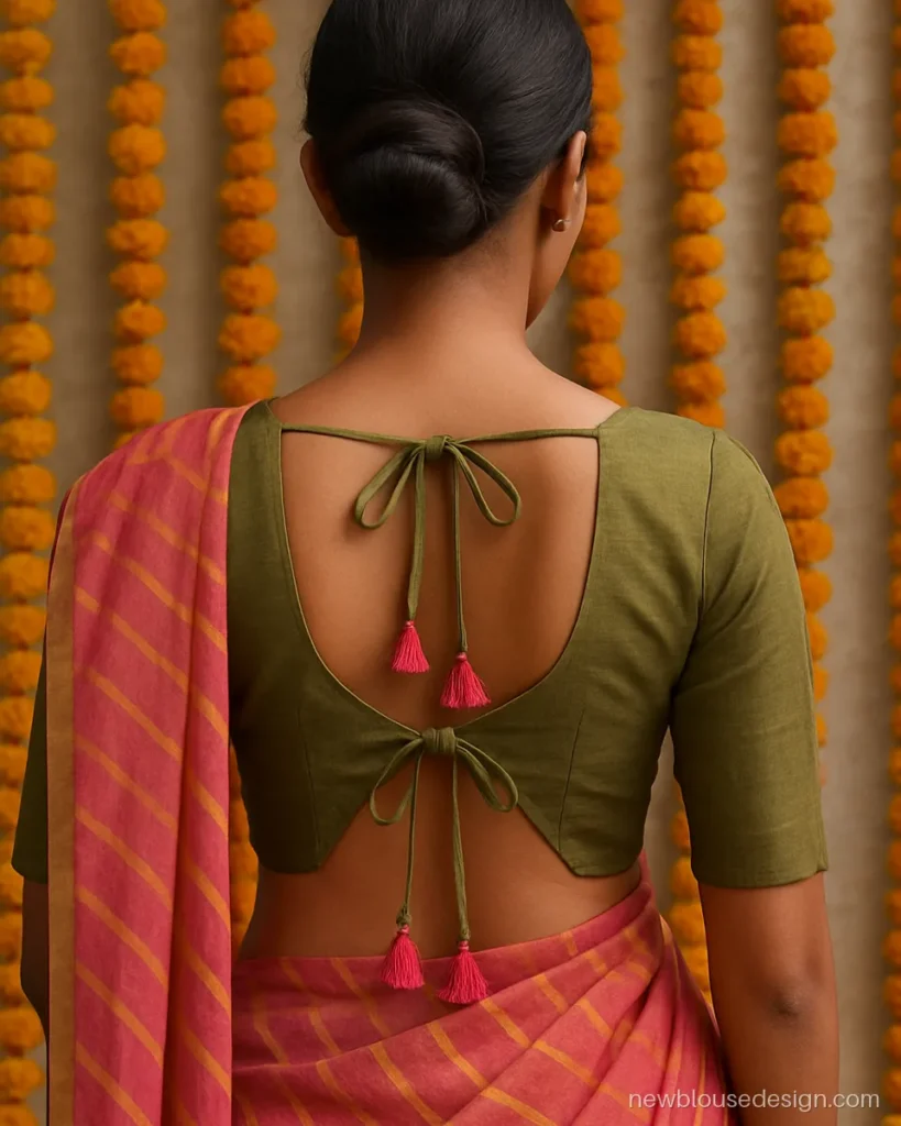 Mehndi colour blouse design in olive with a tie up back and long fabric ties