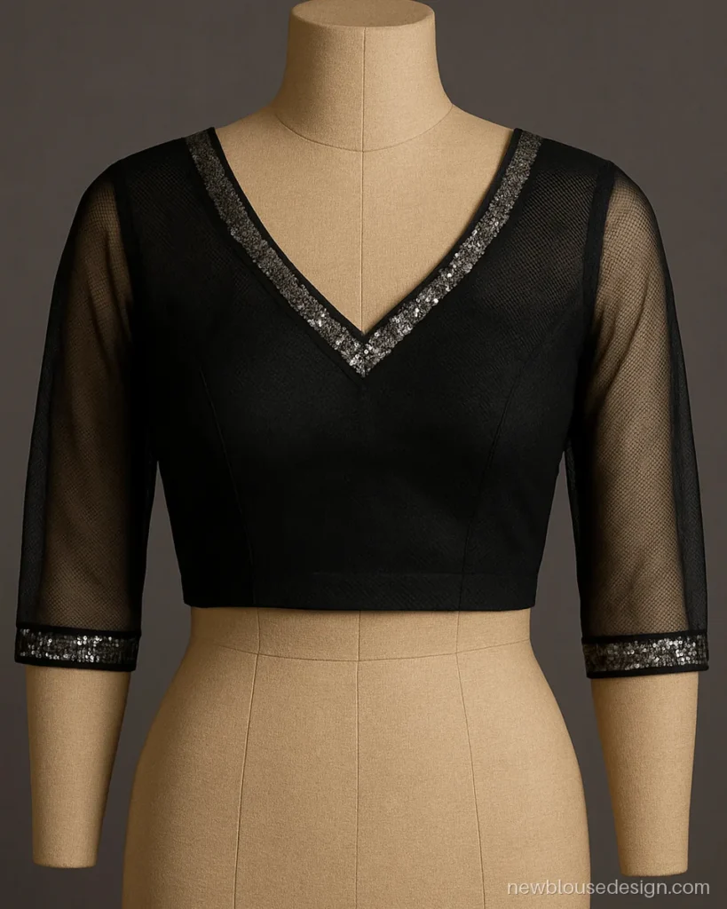 Party wear net black blouse design with sequin V front and sheer three quarter sleeves