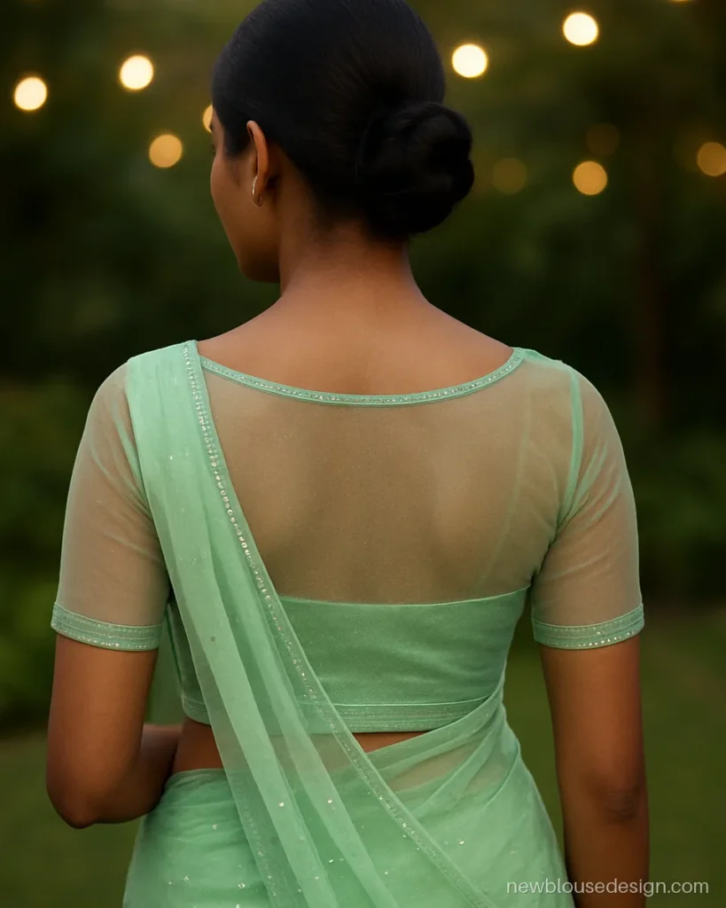 Mint net blouse with round back neck, sequin border and sheer upper yoke