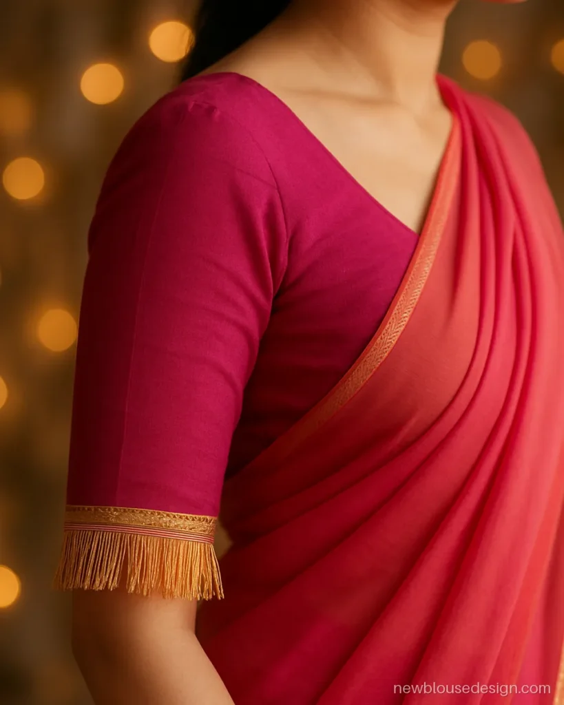 Fuchsia georgette blouse with elbow sleeves finished in a gold tassel fringe