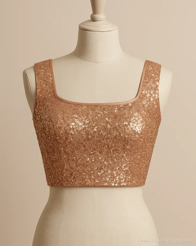 Rose gold all over sequin party wear sleeveless blouse design with square neck