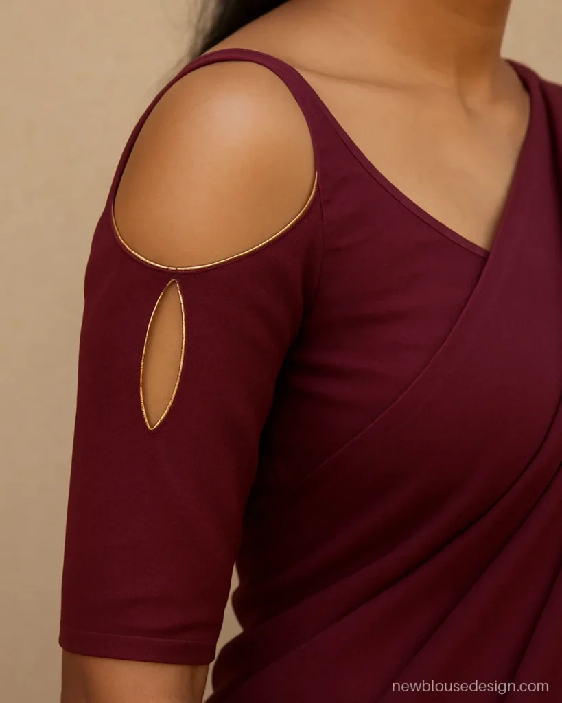 Wine georgette blouse with cold shoulder three quarter sleeves and gold piping