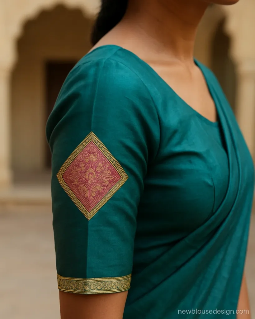 Teal silk blouse sleeve with pink brocade patch work and gold lace at the elbow