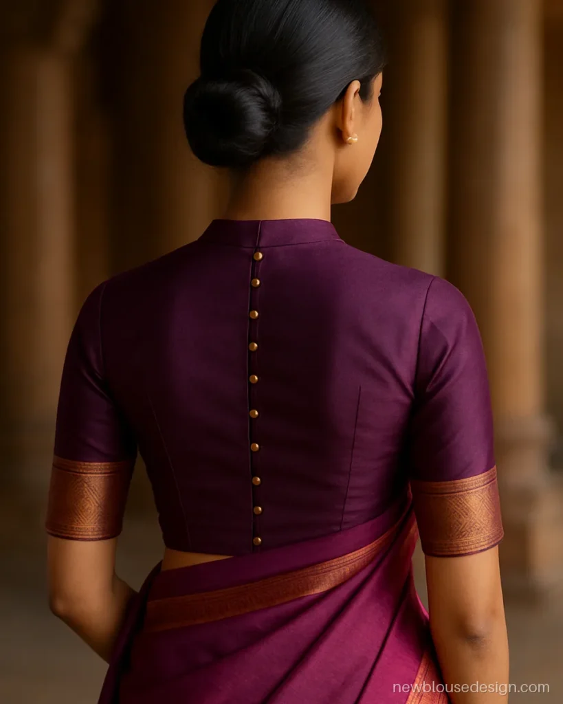 Pattu purple silk blouse design with high closed back and gold buttons