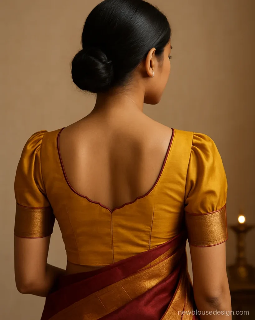 Mustard pattu blouse back with scalloped U neck and short puff sleeves