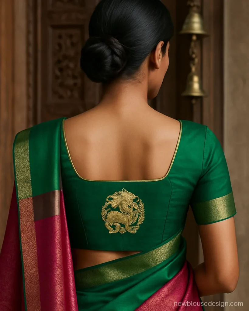 Pattu saree blouse back design in green with square neck and woven yali motif