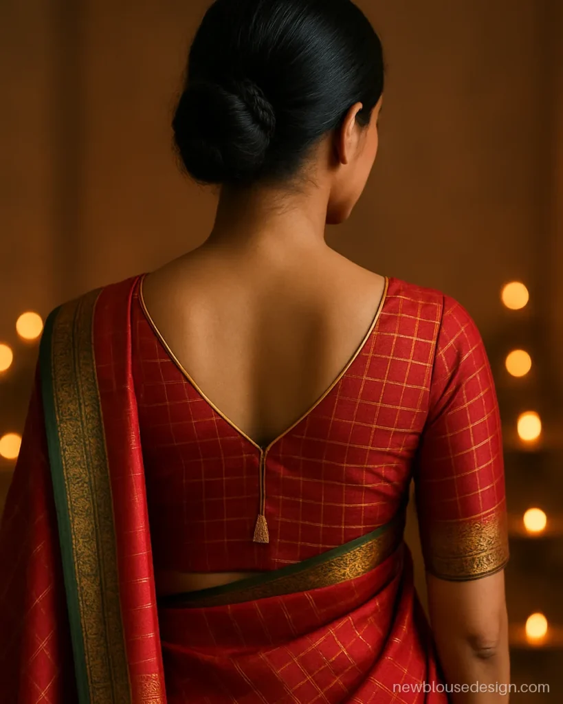 Kanjivaram blouse design back side in red with gold checks and V neck