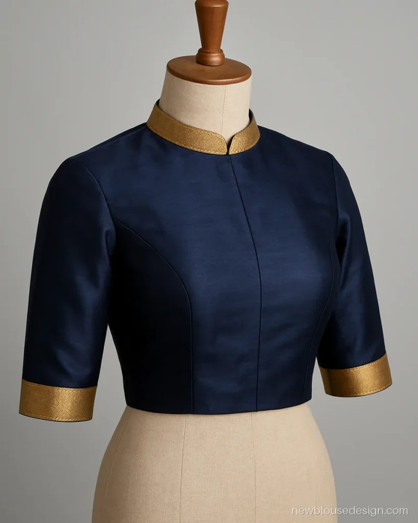 Navy blue Kanjivaram blouse with zari band collar and three quarter sleeves