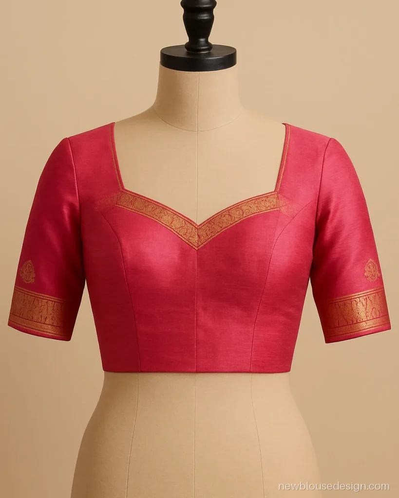 Kanchipuram blouse design in pink with sweetheart front and temple border